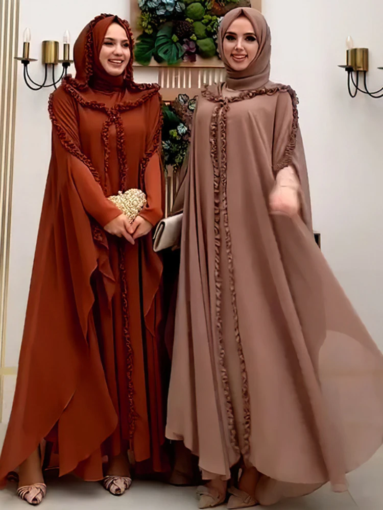 Eid Muslim Party Hoody Dress Women 2 Piece Chiffon Ramadan Abaya Hooded with Cloak Kaftan Vestidos Largos Robe Jalabiya 2024