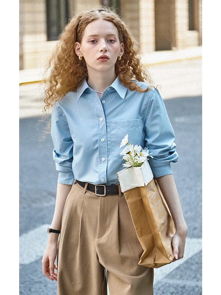 

Spring New Style Loose Blue Long Sleeve Women's Shirt Anti-Wrinkle No-Ironing Required Fashionable Casual French Style Blouse