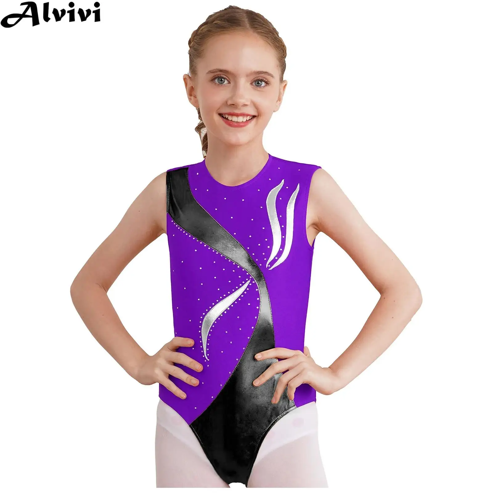 

4-16Y Girls Sleeveless Rhinestone Ballet Dance Gymnastics Leotard Figure Skating Acrobatics Yoga Bodysuit for Stage Performance