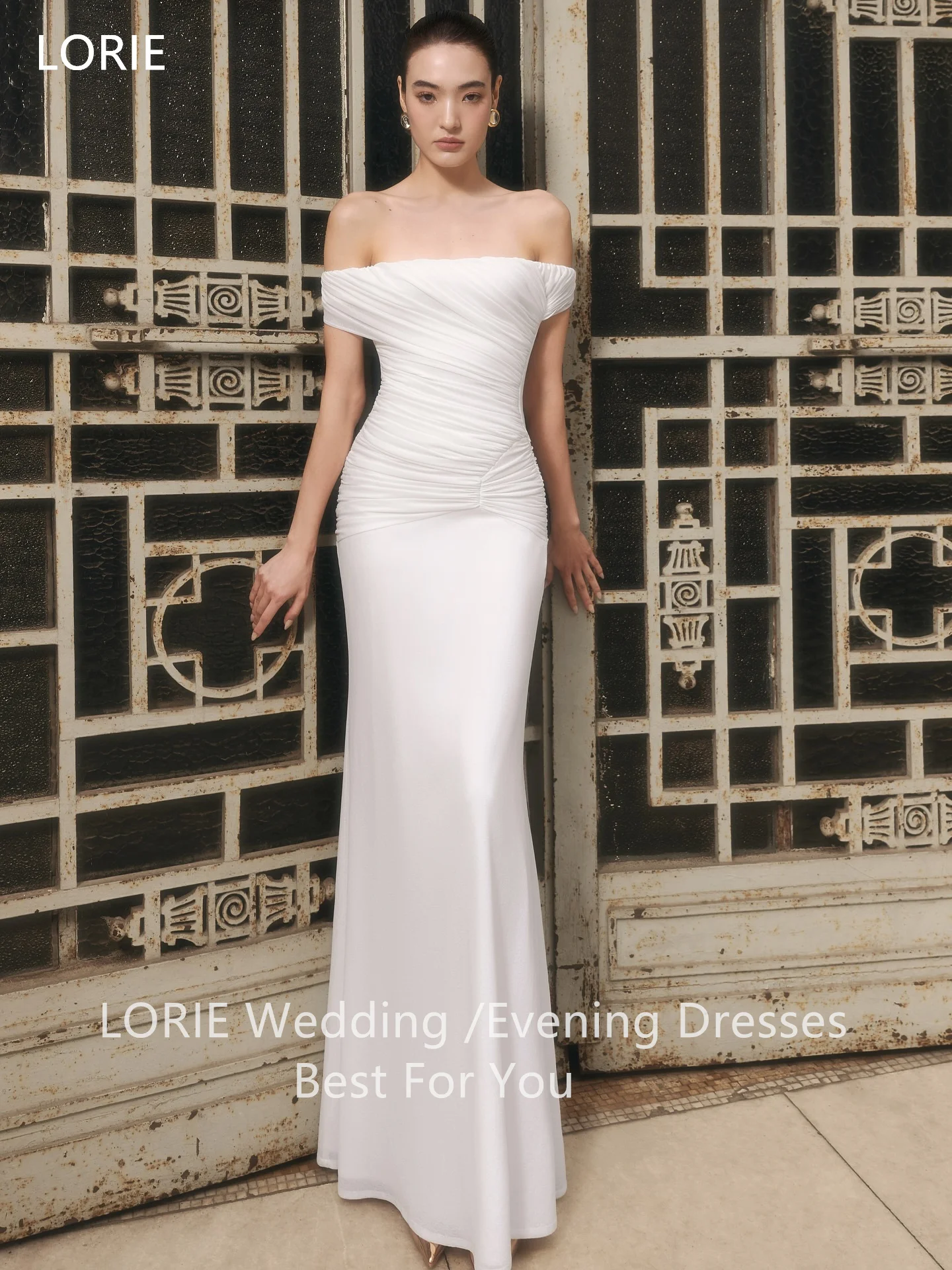 LORIE Elegant White Satin Party Dresses Off The Shoulder Sleeveless Evening Prom Dress Pleats Mermaid Prom Gown Customized