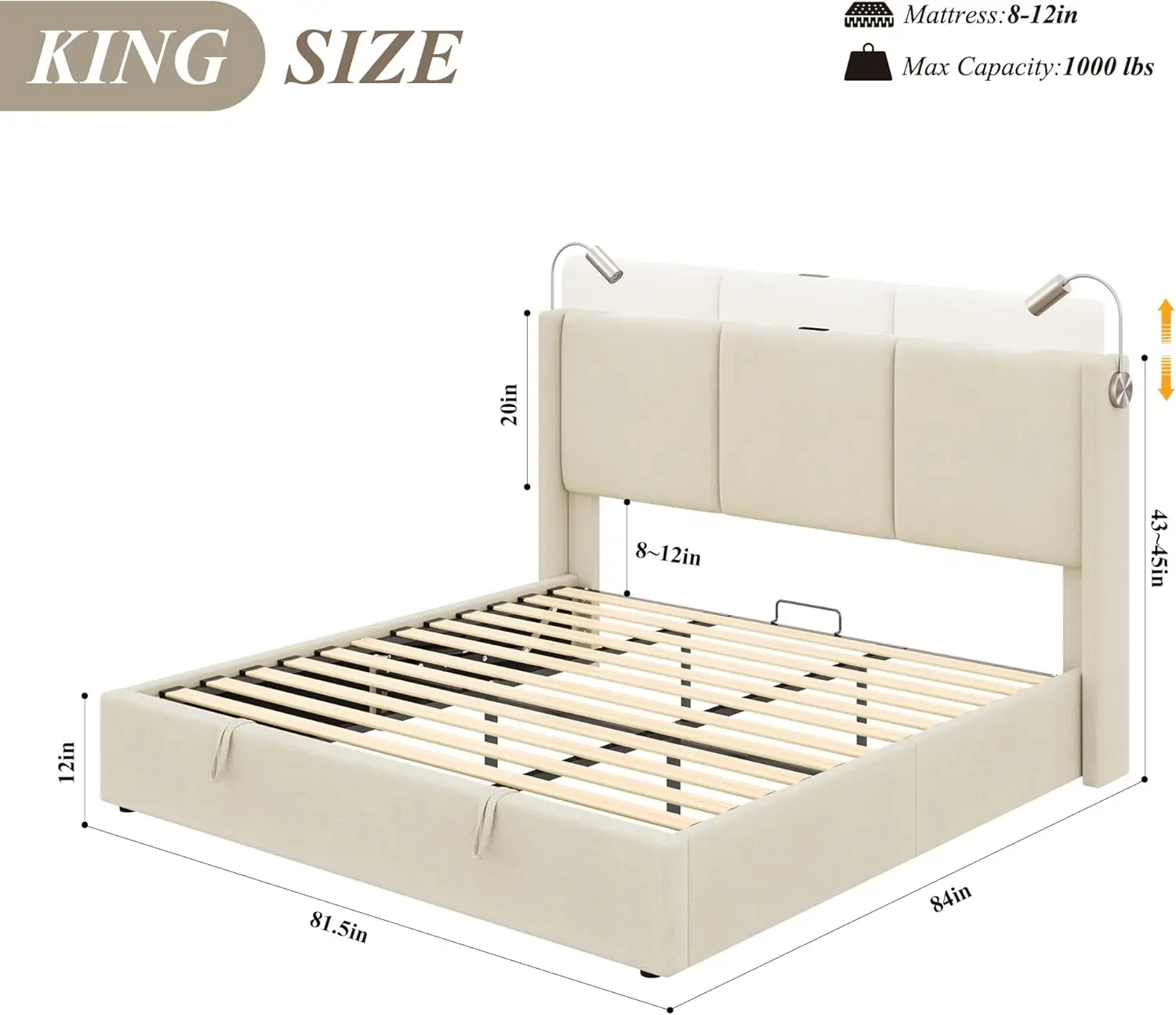 Marco de cama King Size con almacenamiento elevador y estación de carga, cama con plataforma tapizada moderna, color beige