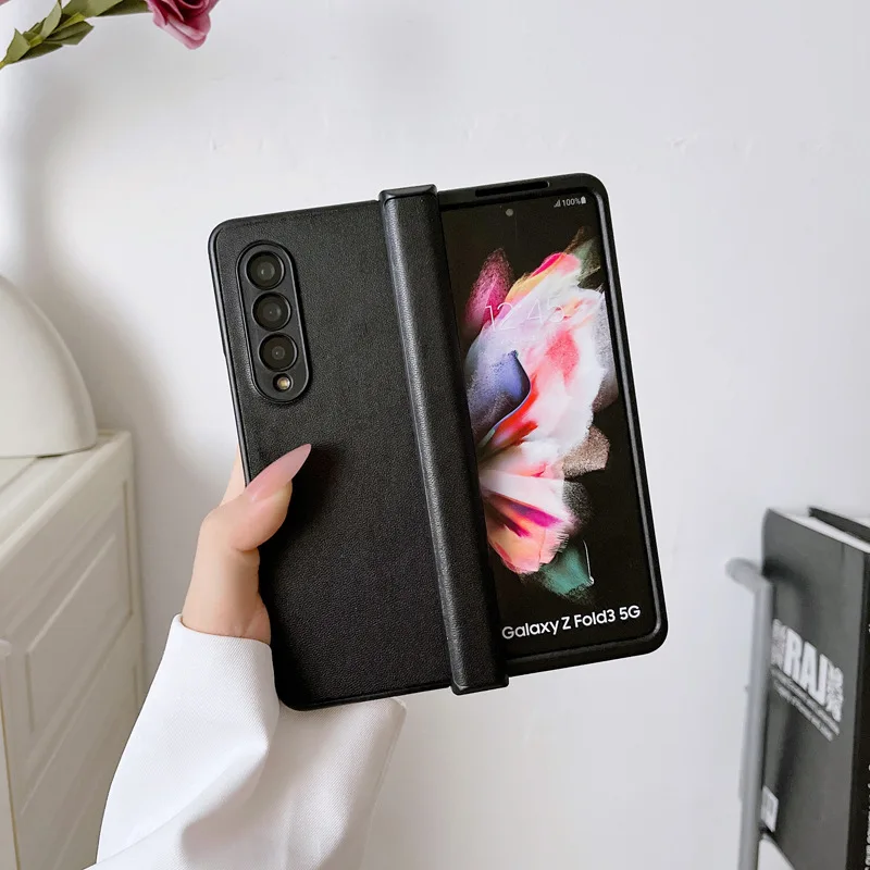 Leather Case for Samsung Galaxy Z Fold 4 Fold 3 5G Solid Hinges Protection Phone Cases for Galaxy Z Fold3 Fold4 Hard Phone Cover