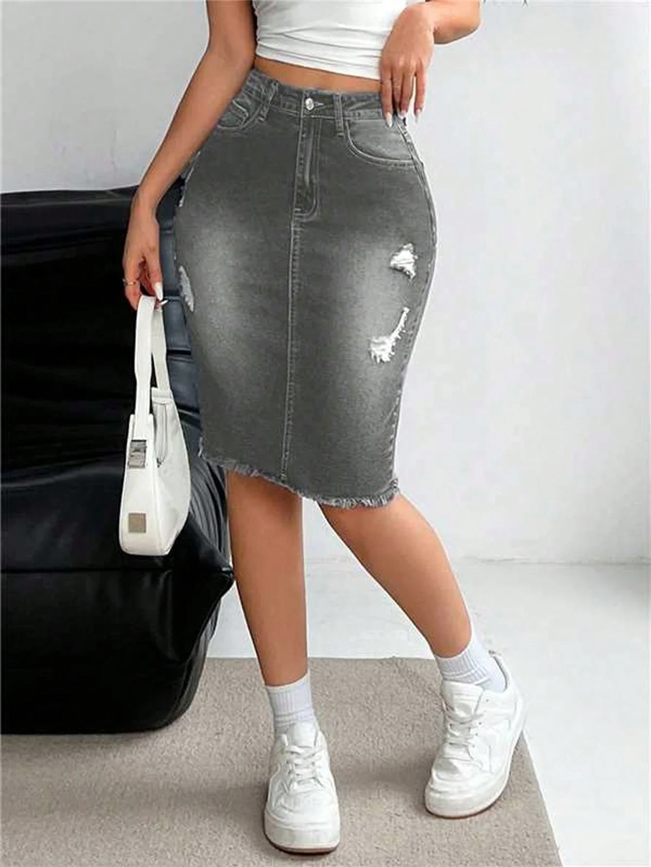 Ripped Distressed Denim Pencil Skirt With Pockets