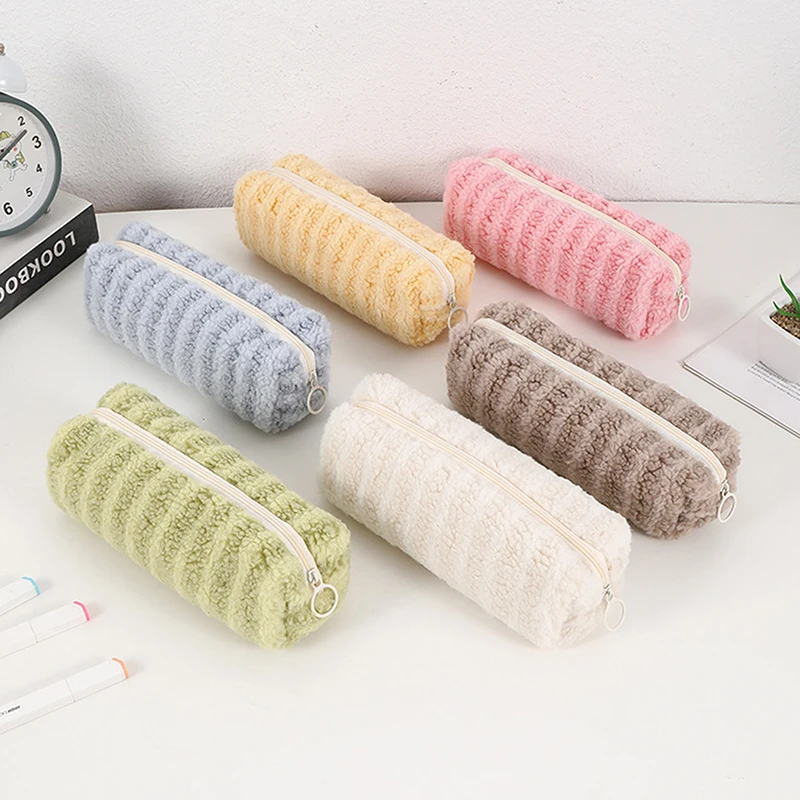 Cute Simple Plush Checkered Pencil Pouch Portable Multifunctional Stationery Storage Bag Large Capacity Pencil Case Gifts