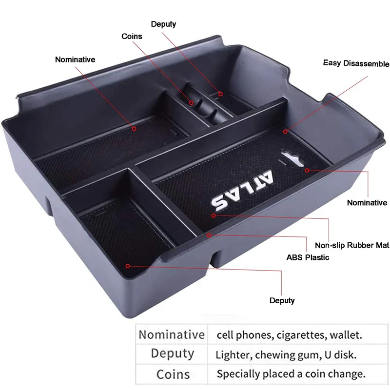 Center Console Organizer Tray For VW Volkswagen Atlas Accessories 2018 2019 2020 2021 2022 2023 Armrest Storage Glove Box