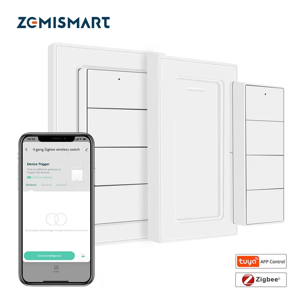 

Zemismart Zigbee 4-бандовый беспроводной переключатель сцен, питание от аккумулятора, индивидуальная связь, приложение Tuya для смарт-устройств, кнопочное приложение Smartthings