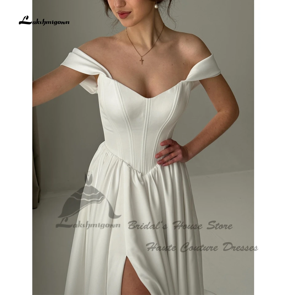 Lakshmigown Einfaches Weißes Satin A-Linien Hochzeitskleid mit Schlitz Strand 2026 Sexy Damen Korsett Brautkleider Schnürung am Rücken Maßanfertigung – Detail 4