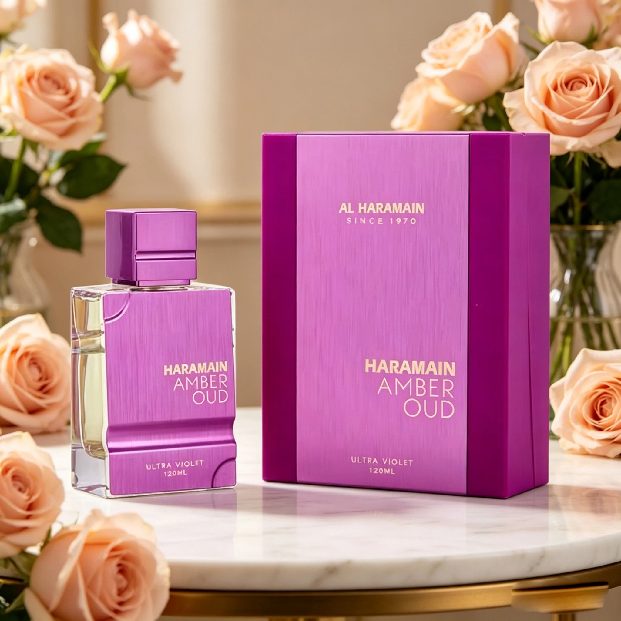 Al Haramain Amber Oud Ultra Violet: A luxurious fusion of violet and gold, amber and ebony, with intertwining notes of berry and violet, embodying the mysterious allure and elevated aloofness of Middle Eastern nobility.y