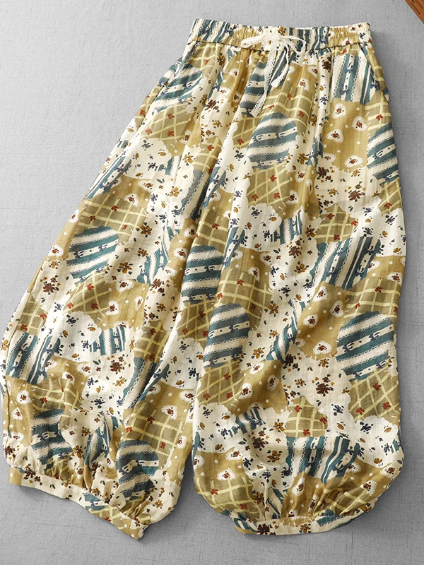 

Summer Casual Wide Leg Lantern Pants Linen plus Size Women's Clothing Drawstring Waist Printed Loose Fit Trousers