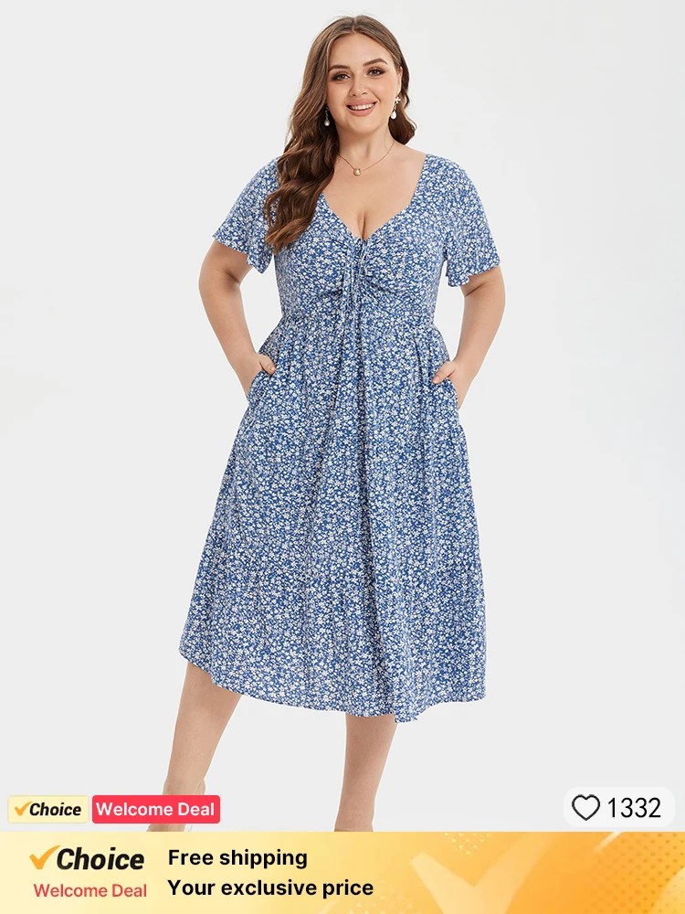 

Plus Sized Clothing Summer Blue Floral Print Pocket Dress Knot Front Ruffle Hem Midi Dress for slimming waist and floral dress