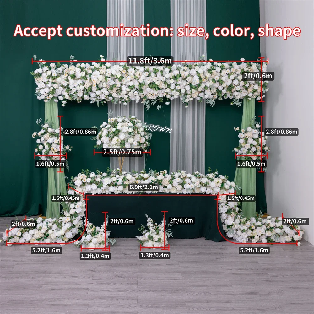 Artificial Green White Flower Row, Wedding Decor Props, Marriage Floral Arrangement, Rose Greenery, Eucalyptus Flowers, 5.9x2ft