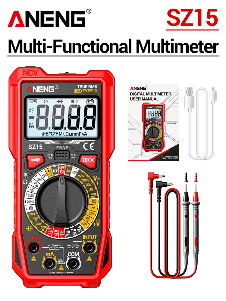 ANENG SZ15 Digital Rechargeable Multimeter 20A AC DC Voltage Resistance Capacitance NCV Diode Flashlight Electrician Repair Tool