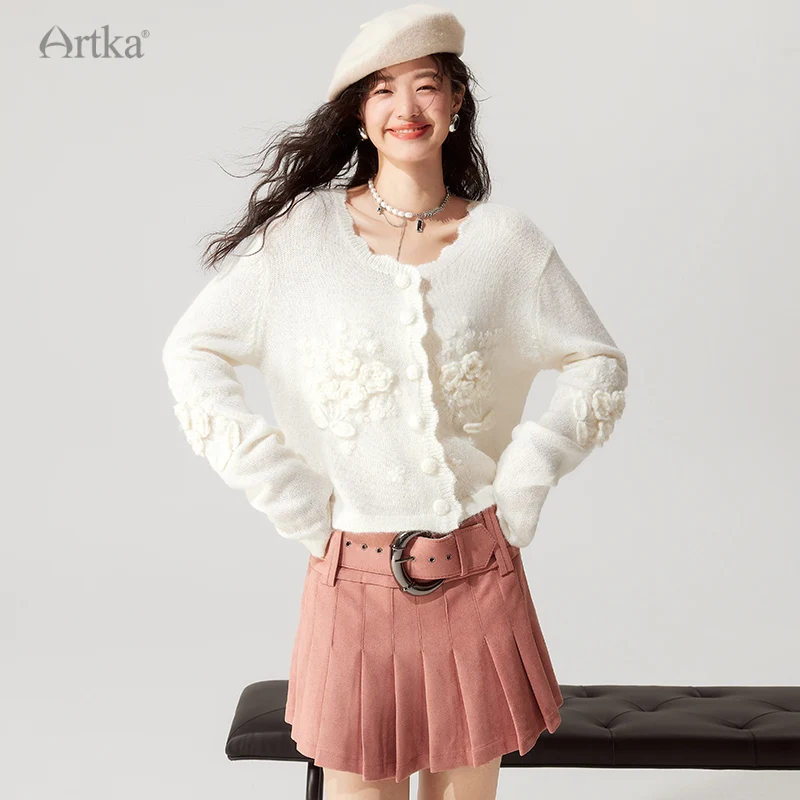 ARTKA 2023 Autumn New Elegant Handmade Crochet Flower Wool Knitted Sweater Long Sleeve White Cardigan Outerwear Female WB92332Q