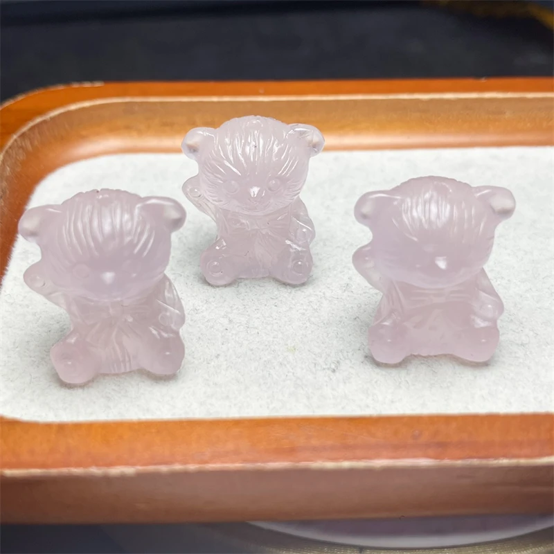 3PCS Natural Rose Quartz Cartoon Bear Carving Pendant Healing Gemstone Carved Figurine Fashion Jewelry For Women Gift 25X21MM