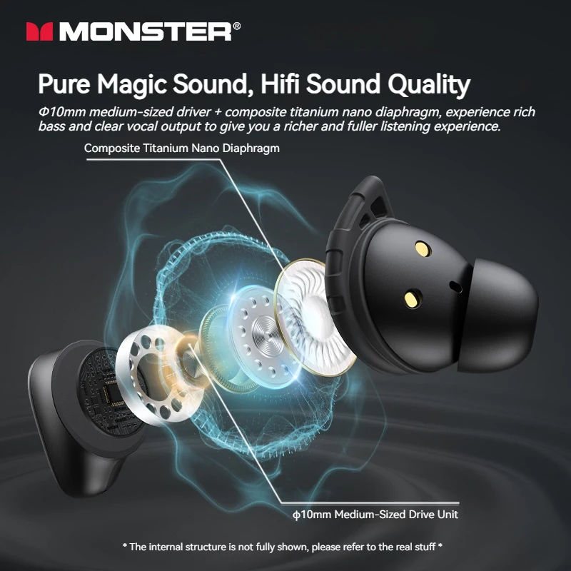 Monster n-lite-auriculares inalámbricos 206 Ture, intrauditivos, invisibles, con Bluetooth, cancelación de ruido IA, IPX5, deportivos, con micrófono