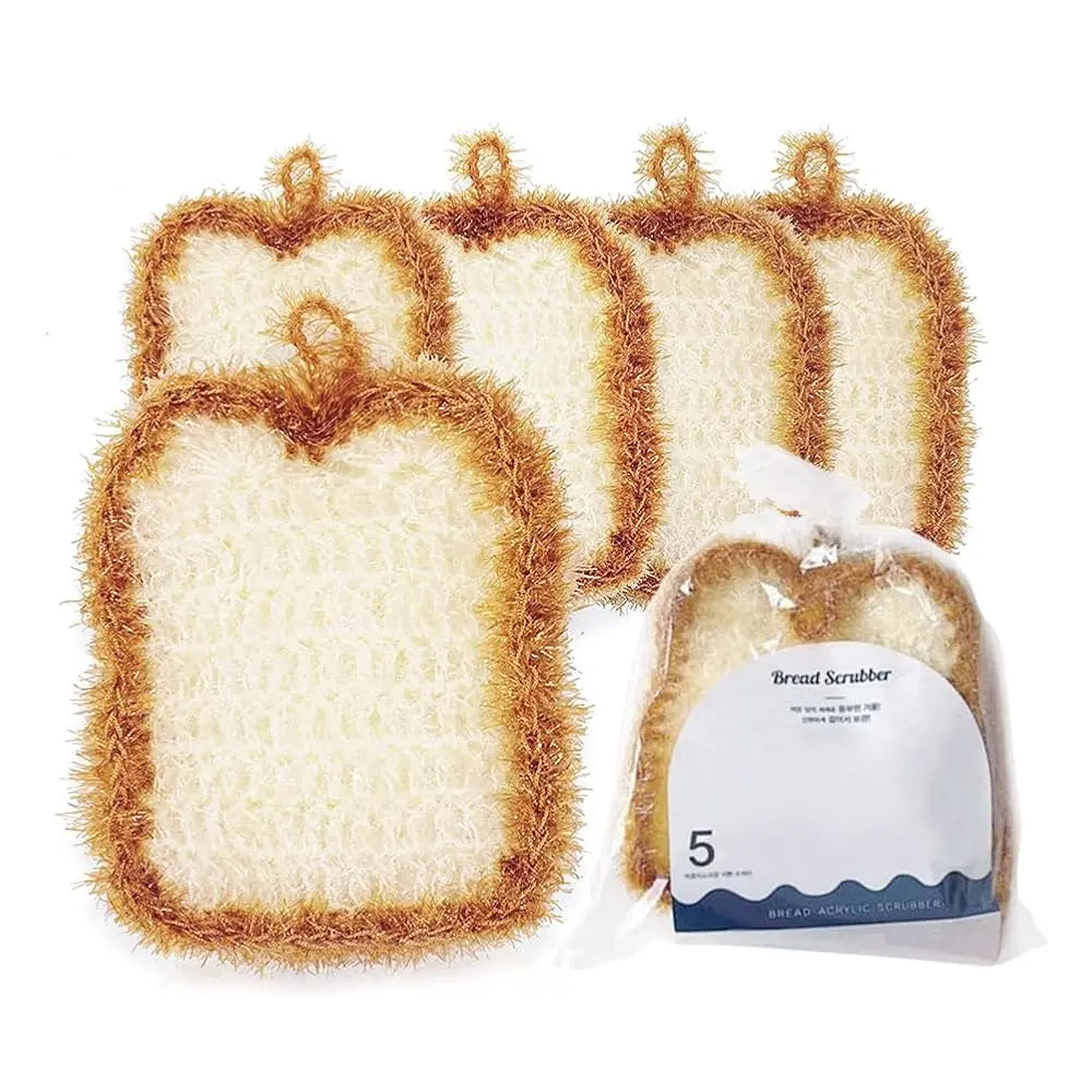 

5 Pcs Cute Crochet Scrubbers, Toast Shaped No Odor Non-Scratch Reusable Scrub for Kitchen and Household Use Double Layered Sc