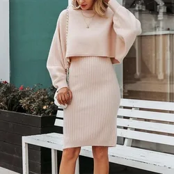 Women New Autumn Winter Fashion Solid Color Sweater Suit Long Sleeve Pullover Sweater and Dress Knitted Bodycon Dress Suit