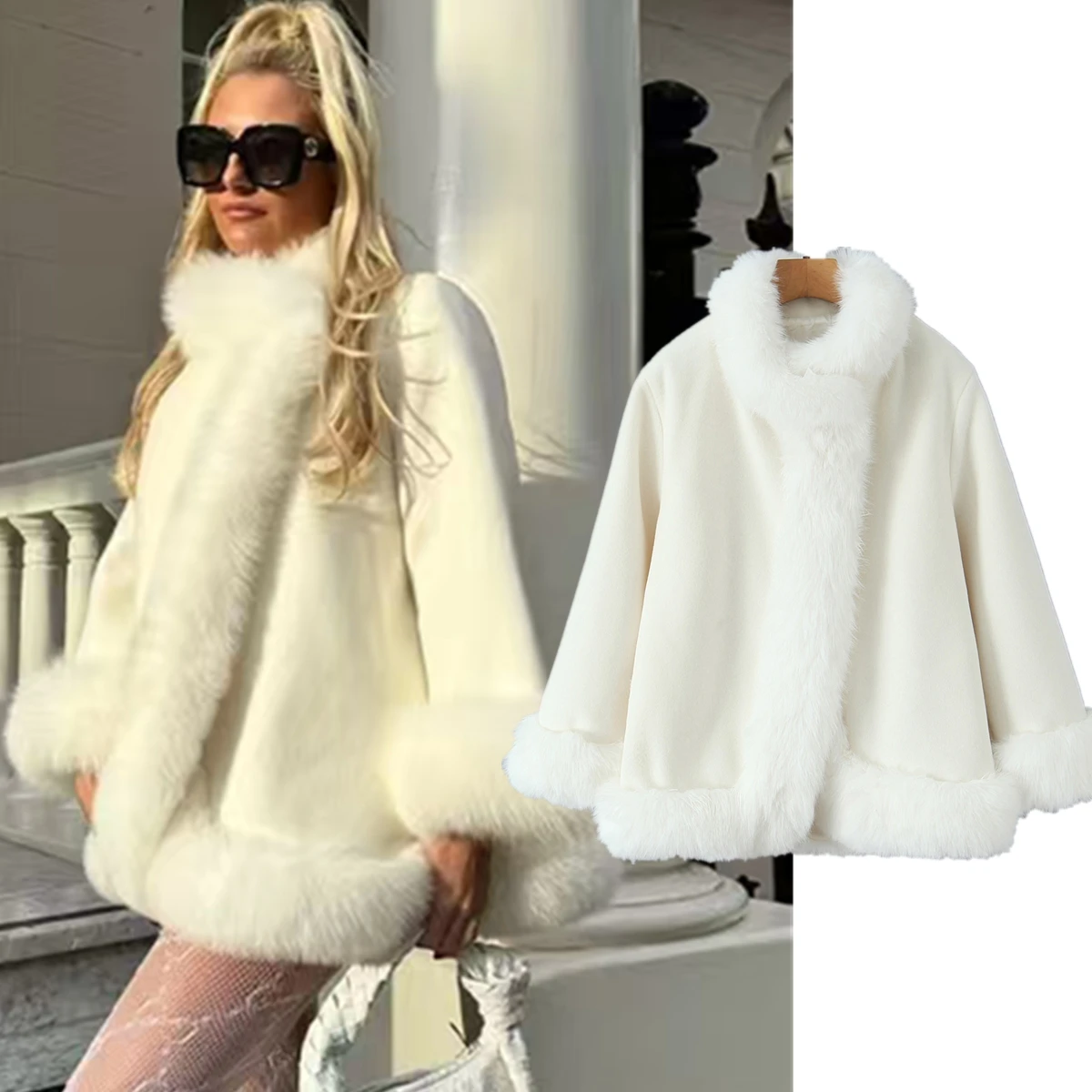 

Jenny&Dave Jacket Woman Clothes French Minimalist White Elegant Wool Coat With Artificial Fur Splicing Overcoat Women Tops