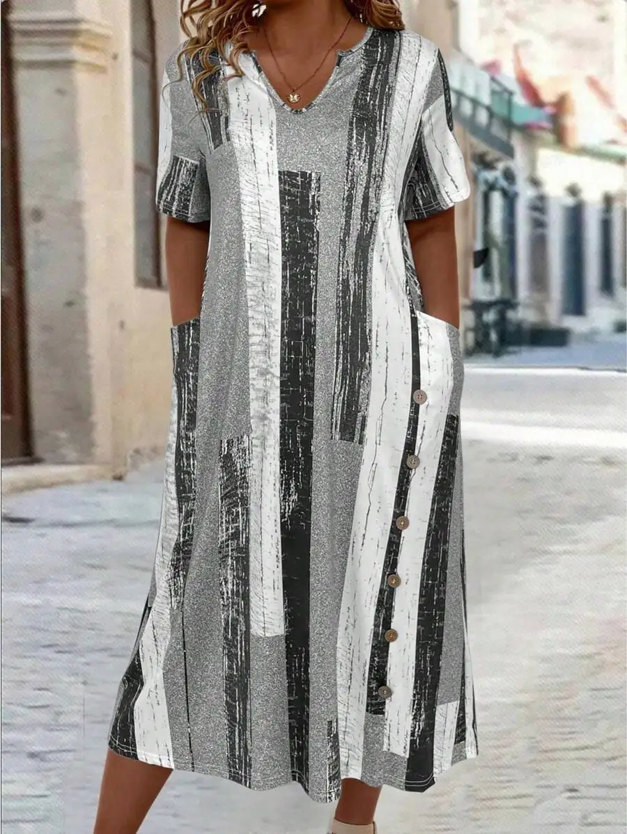 Vestido midi de manga corta con cuello en V y bloques de color para mujer, talla grande, con detalle de botones