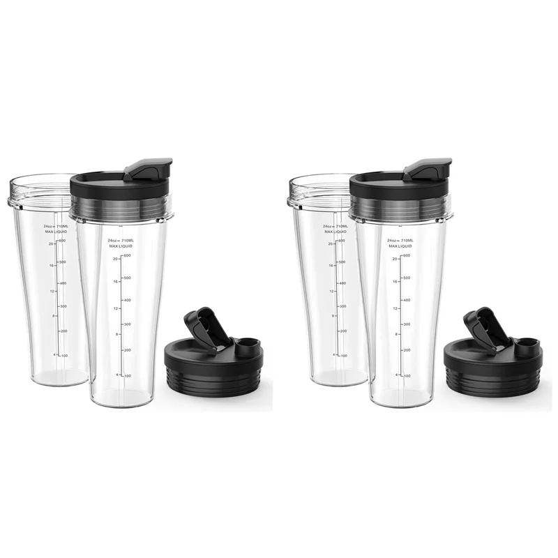 

4X Blender Replacement Parts For Ninja, 24Oz Ninja Blender Cups With Lids, Blender Blade For Nutri Ninja Auto IQ Blender