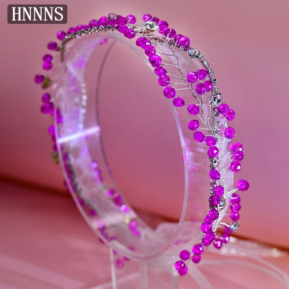 

HNNNS Purple Crystal Headband Sparkling Rhinestone Headdress Organza Ribbon Headpiece Bridal Wedding Dress Hair Accessories A164