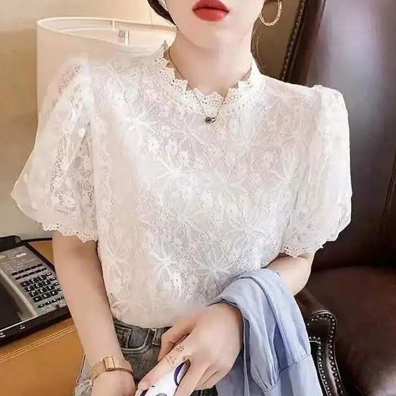 Elegant Fashion Hook Flower Hollow Mesh Splice Lace Blouse Woman 2022 Summer New Office Lady Commute All-match Puff Sleeve Shirt