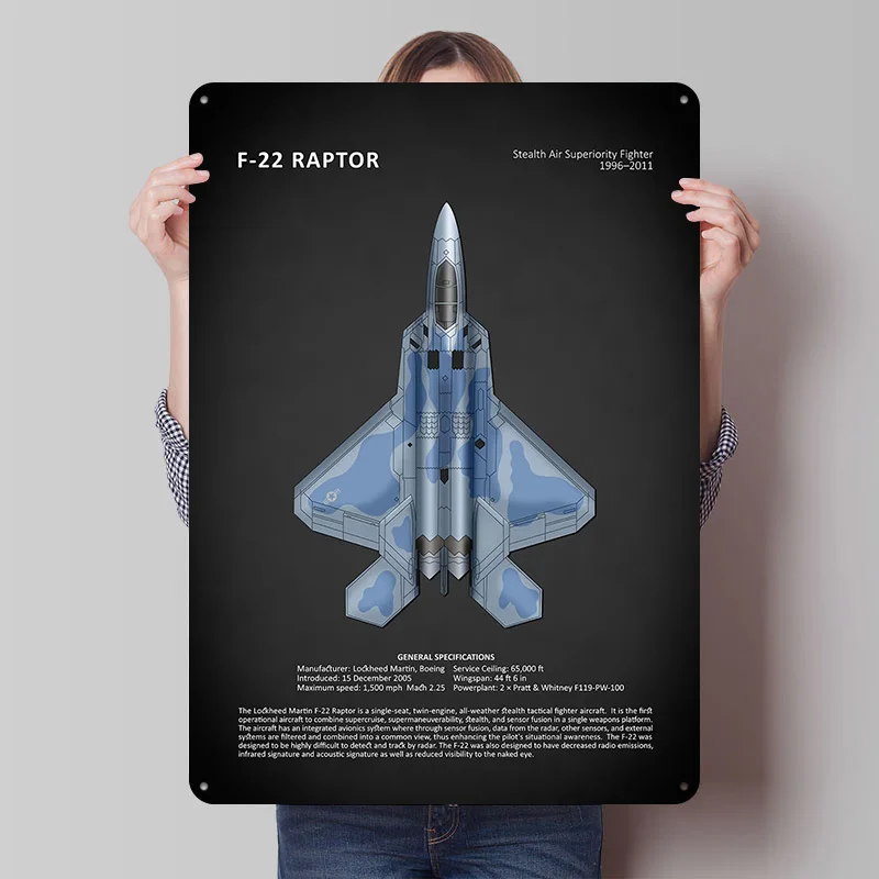 The F22 Raptor Metal Poster Custom Wall Art Retro Vintage Tinplate Signs for Man Cave Interior Decoration Living Room Desk Decor