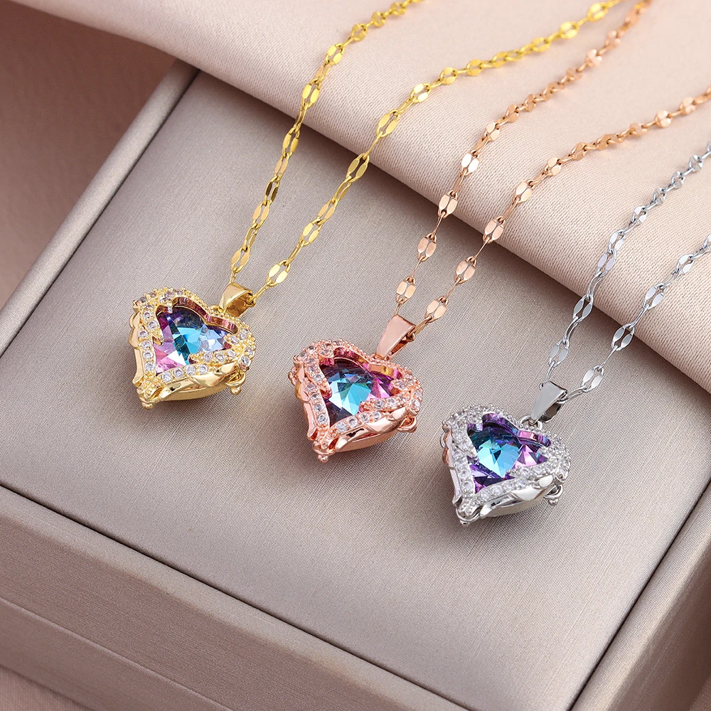 Top Luxury Colorful Crystal Ocean Heart Pendant Necklace For Women Retro Style Stainless Steel Neck Chain Female Wedding Jewelry