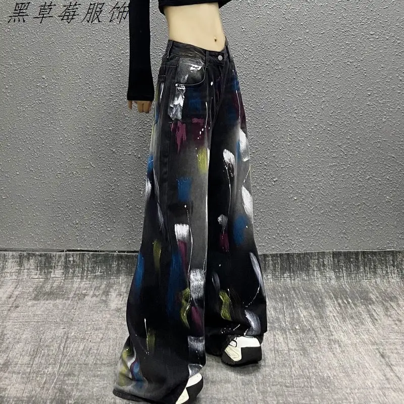 اللون مطابقة الدنيم واسعة الساق السراويل التطهير الأرضية المرأة الخريف شخصية اللوحة الجديدة عالية الخصر السراويل فضفاضة غير رسمية