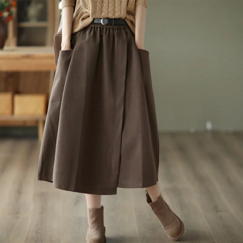 Japanese Artistic Vintage Elastic Waist Slimming Skirt Women's Autumn Winter Design Petite Midi Solid Color Casual A-line Skirt
