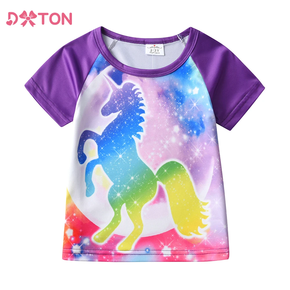 DXTON Summer T-shirts For Girls Short Sleeve Kids Tees Colorful Starry Sky Printed Children Tops Unicorn Toddlers Tshirts 3-8Yrs