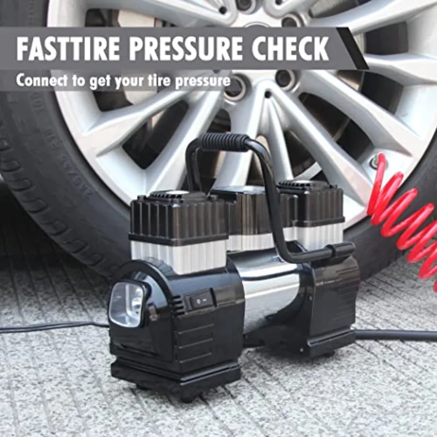 ضاغط هواء مزدوج الأسطوانة تيار مستمر 12 فولت للسيارة منفاخ إطارات محمول عالي التحمل مع ضوء LED مضخة إطارات 120 رطل لكل بوصة مربعة مثالية لـ #2