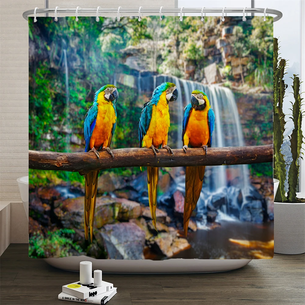 Parrot Birds Printed Bathroom Carpet Set Waterproof Bathroom Curtain Shower Curtain Bath Rug Anti-slip Foot Mat for Toilet