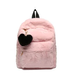 Moon Wood Women's Fur Backpack White Winter Backpack Fashion Pink Lovely Bag