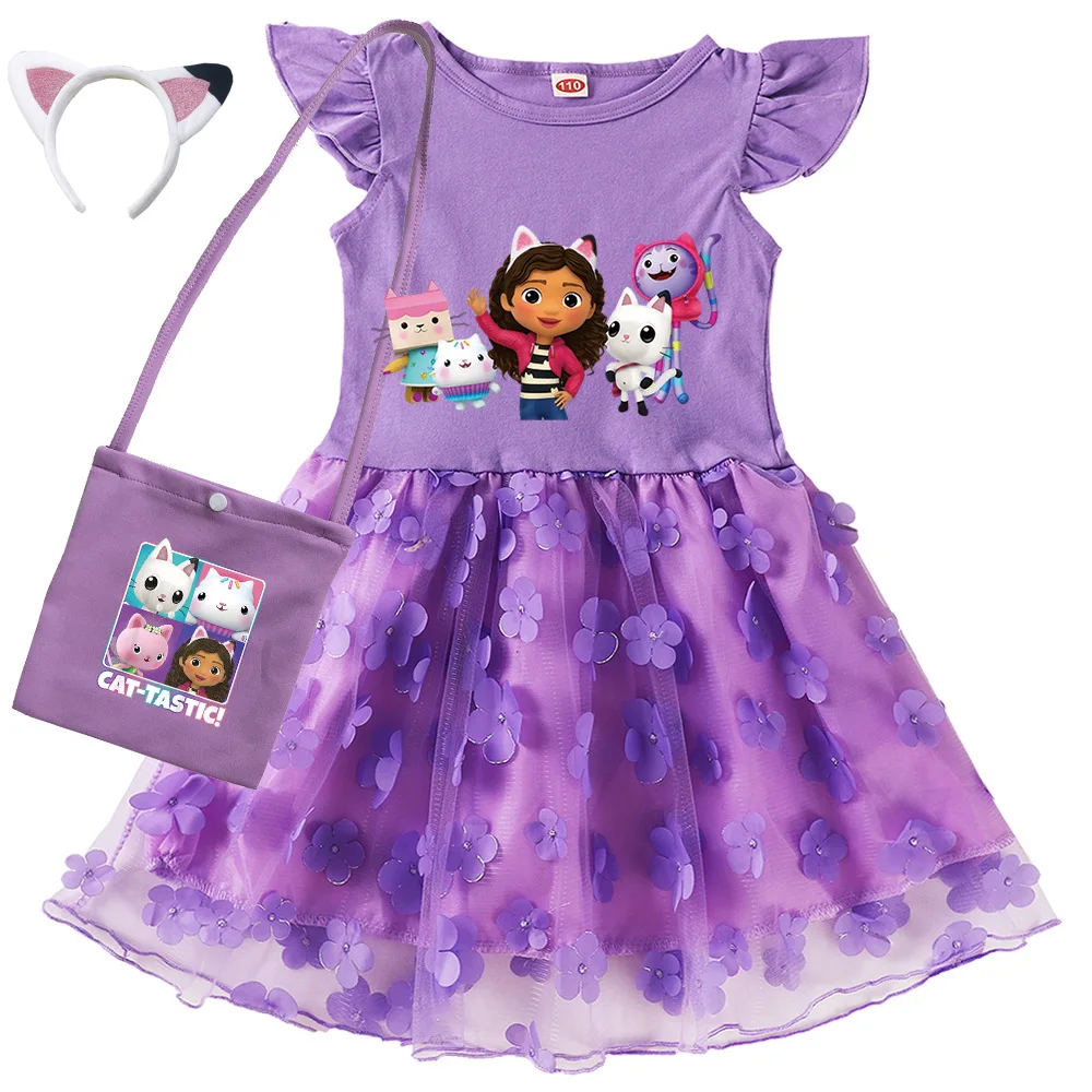 Vestidos Gabbys Dollhouse Clothes Kids Cartoon Gabby Chat Dress Baby Girls Summer Short Sleeve Casual Dresses and Bag & Headband