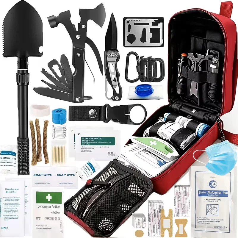 142-Piece Emergency Survival Kit with MOLLE Pocket Essential Gear for Camping Hunting Gardening Outdoor Adventure Best Creative Gift