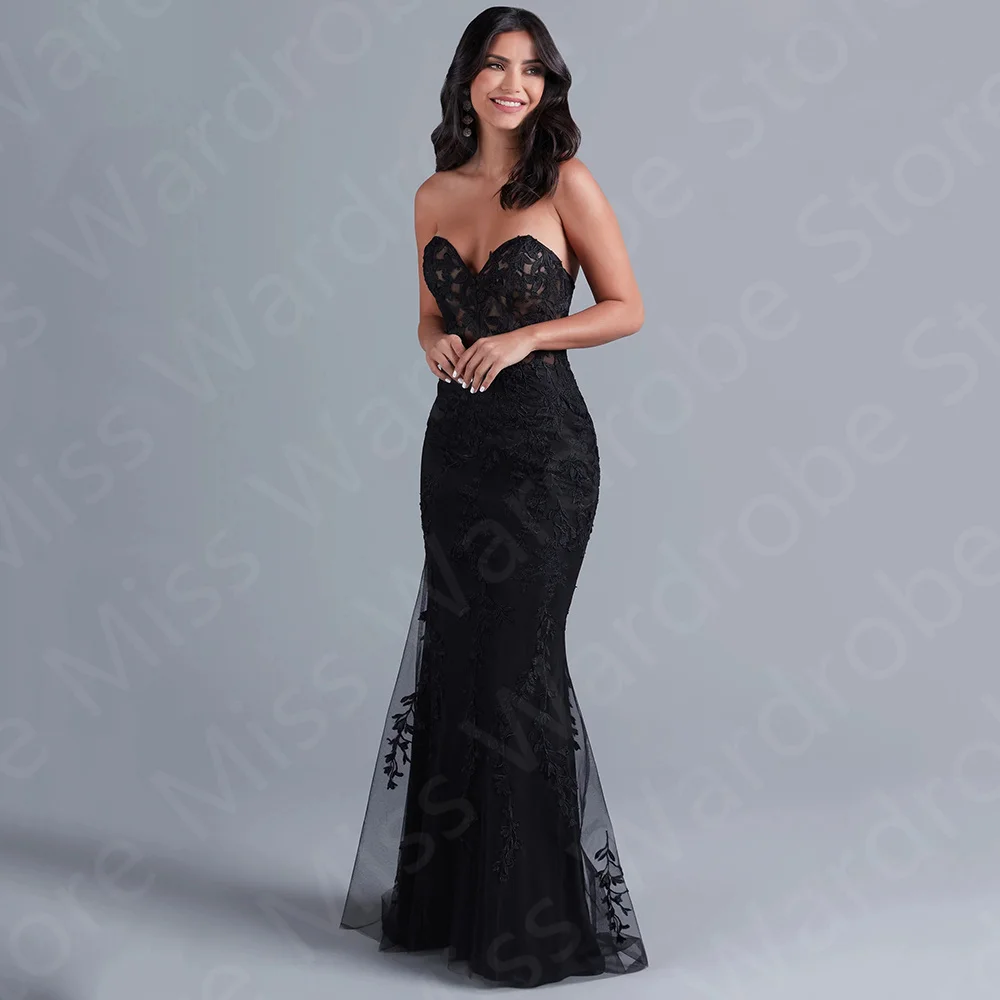 

Elegant Mermaid Evening Dresses Lace Black Prom Party Gowns Sweetheart Sleeveless Wedding Guest Dress 2024 Open Back Sweep Train