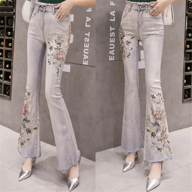 Fashion Embroidery Flowers Women Jeans Trousers High Waist Casual Skinny Beading Flare Pants