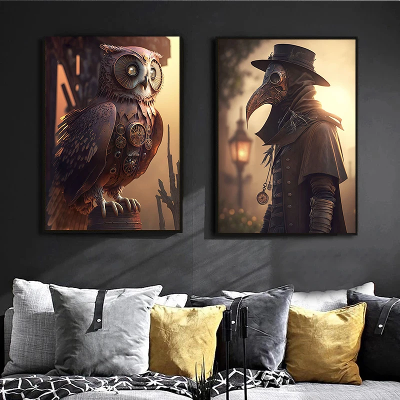 Wall Art Canvas Painting Vintage Steampunk Cat City Poster Retro Animals Owl Raven Frog Monkey Prints Pictures Home Room Decor
