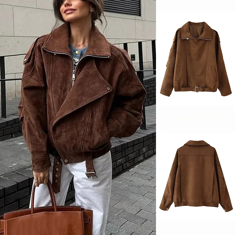 

Spring New Women's Loose Fit Collared Long Sve Zipper ort Jaet Coat Vintage Sle Polyester Fiber Ladies Outerwear