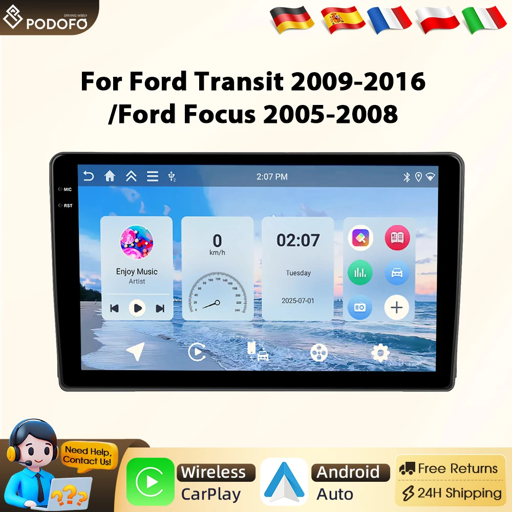 Autoradio Android 4G CarPlay Podofo pour Ford Transit 2009-2016/Ford Focus 2005-2008, système intelligent 2 Din GPS BT FM