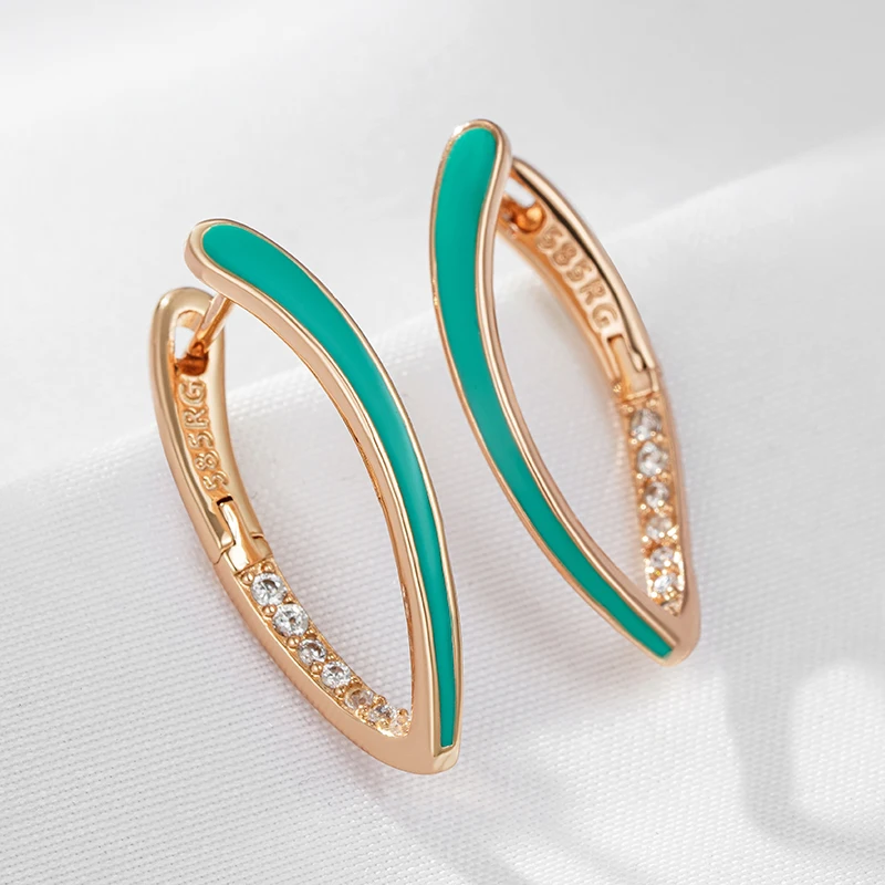 Kinel Hot Fashion 585 Rose Gold Color Green Enamel Drop Earrings For Women Girl Wedding Party Natural Zircon Eardrop Jewelry