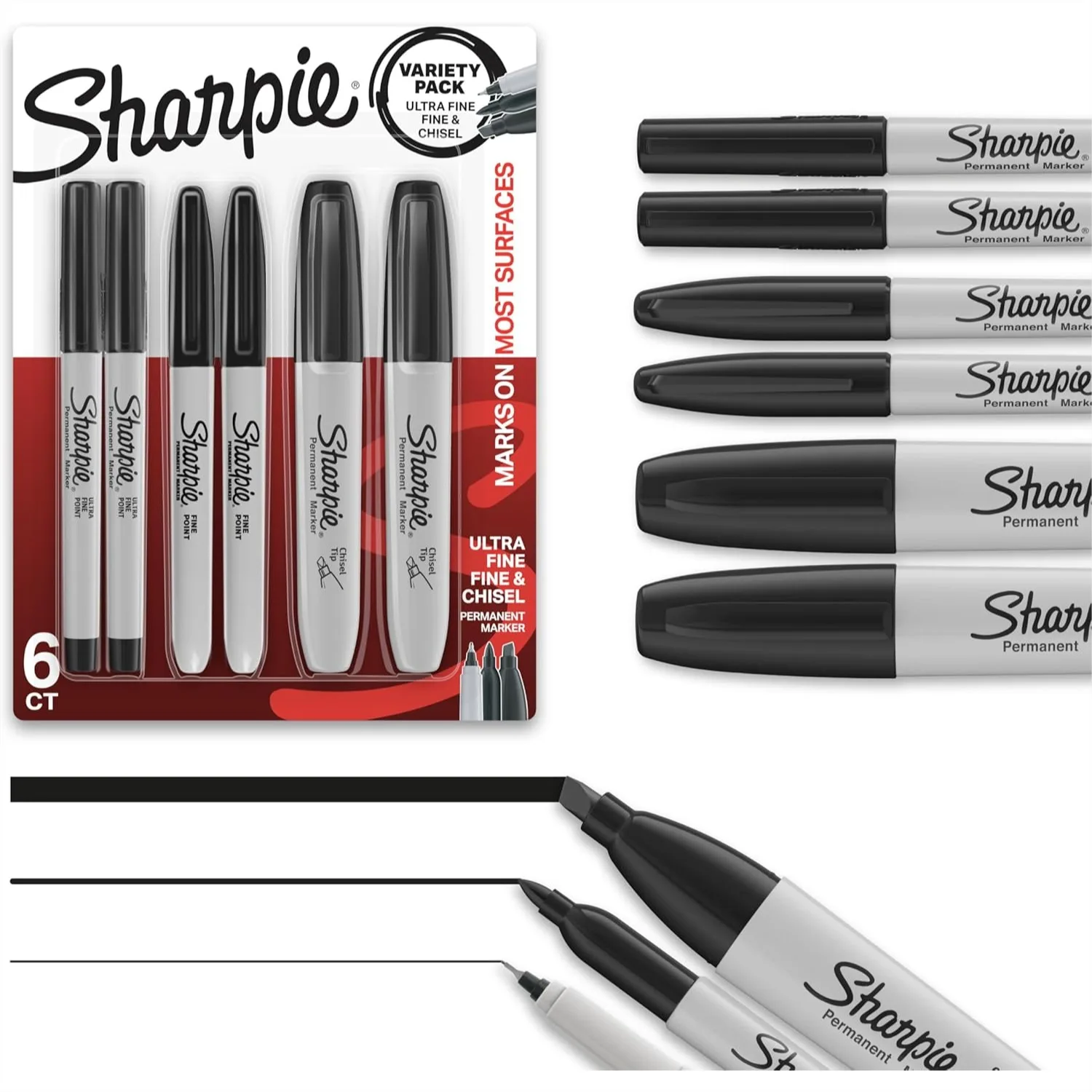 

Sharpie Permanent Markers 6-Pack, Fine Ultra-Fine Chisel Tips for Writing Coloring Posters Office School Supplies, Black
