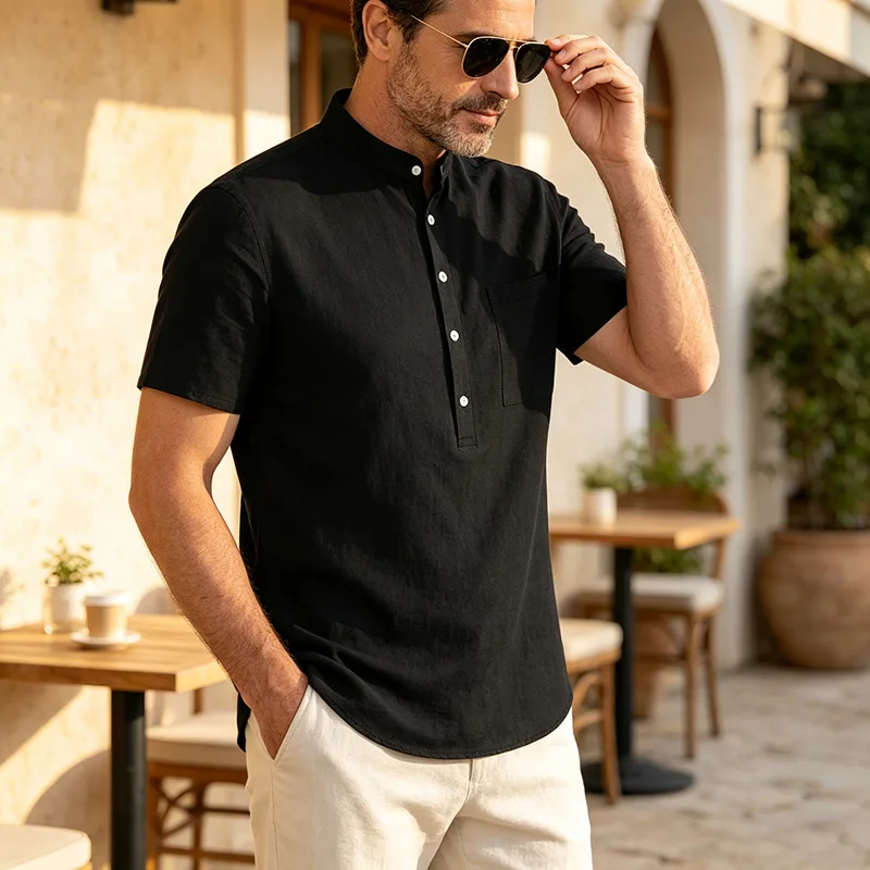 Men Cotton Linen Short Sleeve Shirt Mandarin Collar Henley Placket Chest Pocket Casual Summer Daily Streetwear Outdoor Tops