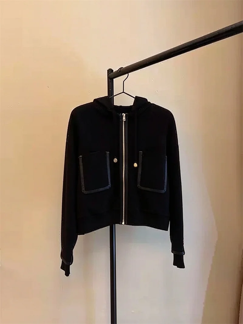 Autumn and Winter Fashion Ladies Temperament Versatile Pocket Drawstring Hooded Knitted Zipper Cardigan Jacket