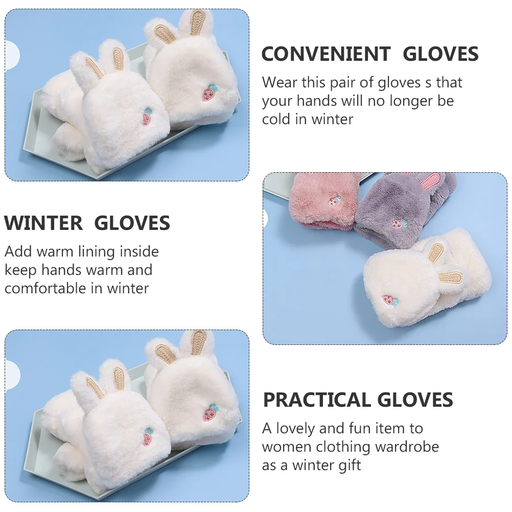 ถุงมือแบบไม่มีนิ้ว ลายหูกระต่าย 1 คู่ ผ้าบุนุ่ม ป้องกันรอยยับ สำหรับผู้หญิง อุปกรณ์เสริมฤดูหนาว ทำจากโพลีเอสเตอร์