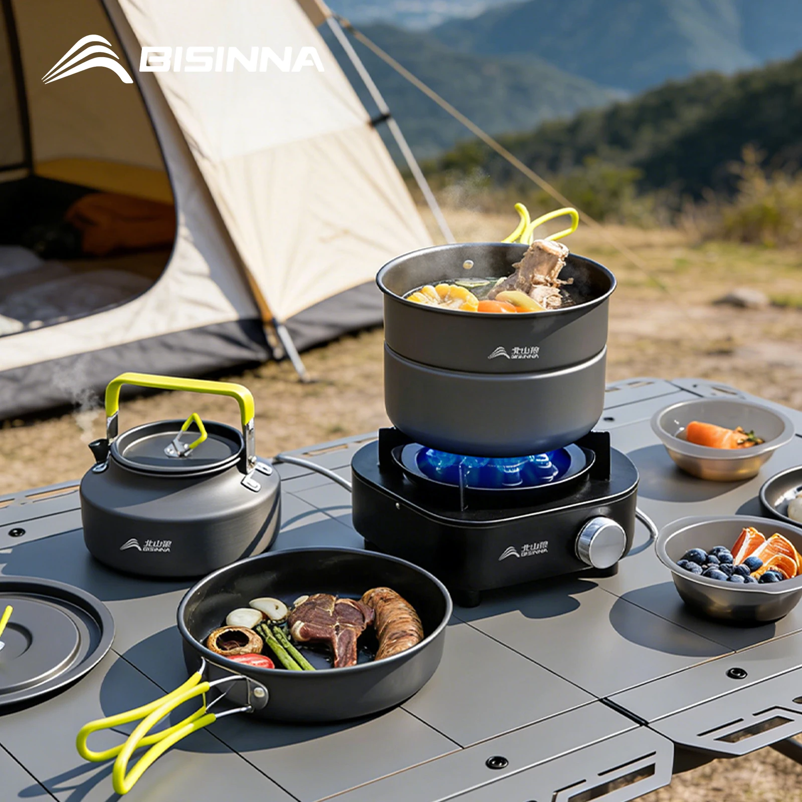 

BISINNA Camping Cookware Set Aluminum Nesting Design with Folding Handle Cooking Pot Set for Outdoor Picnic Travel Backpacking