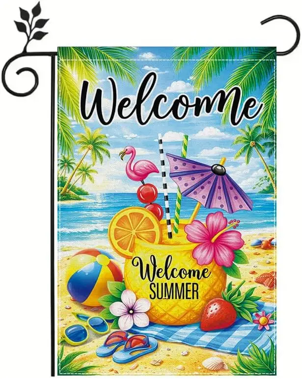 Welcome Summer Garden Flag 12x18 Inch, Tropical Beach Welcome Garden Flag, Flamingo Pineapple Drink Summer Outdoor Yard Lawn jjp