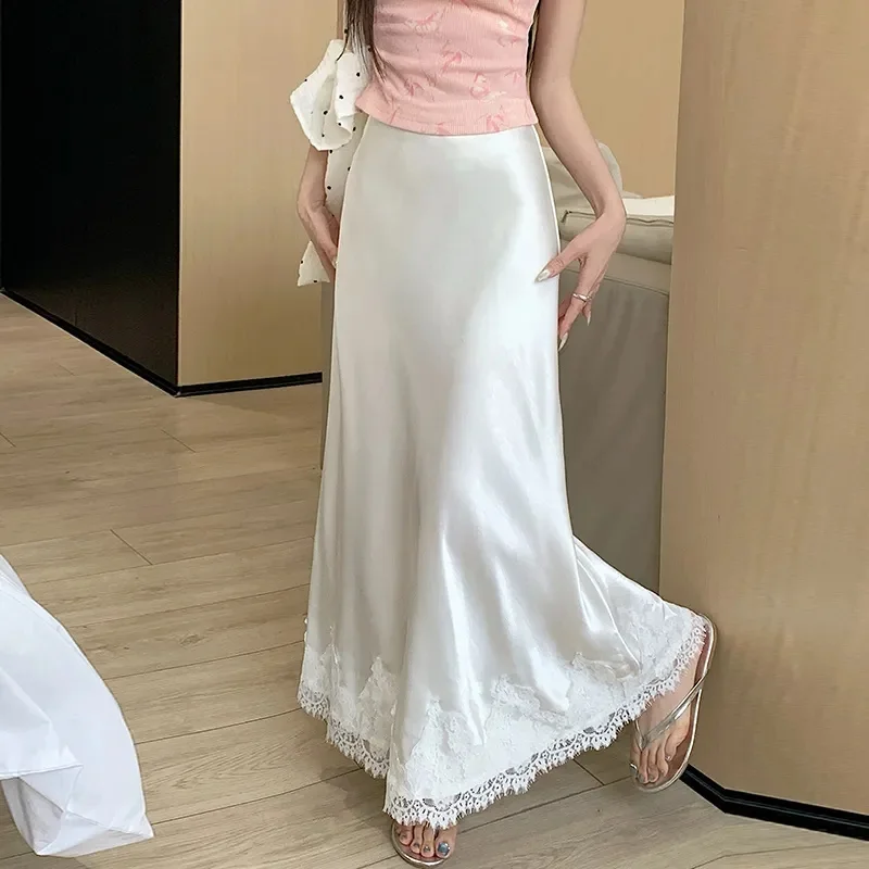 

Элегантная атласная юбка-русалка, женская весна-лето, кружевная лоскутная упаковка, длинные юбки трапециевидной формы, офисные женские Faldas