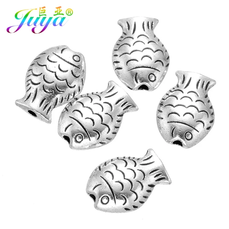 Juya 10Pcs/Lot Wholesale Tibetan Silver Plated Turkish Fish Charm Beads Accessories For Natural Stones Beadwork Jewelry Making